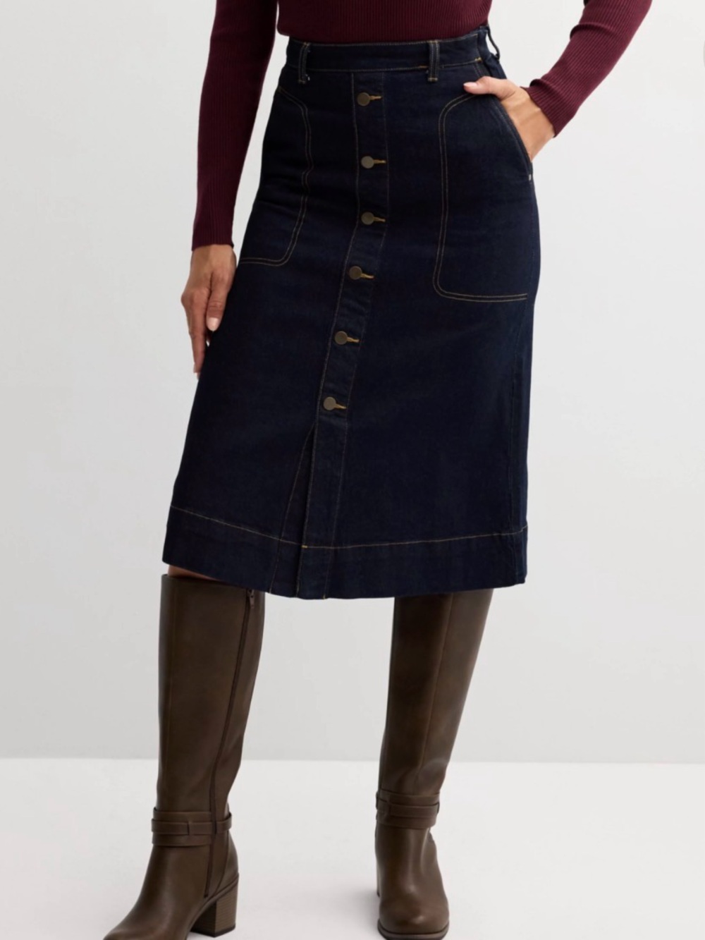 MIDI A-Line Button Front Dark Jean Skirt with Pockets size 14 - Picture 2 of 8